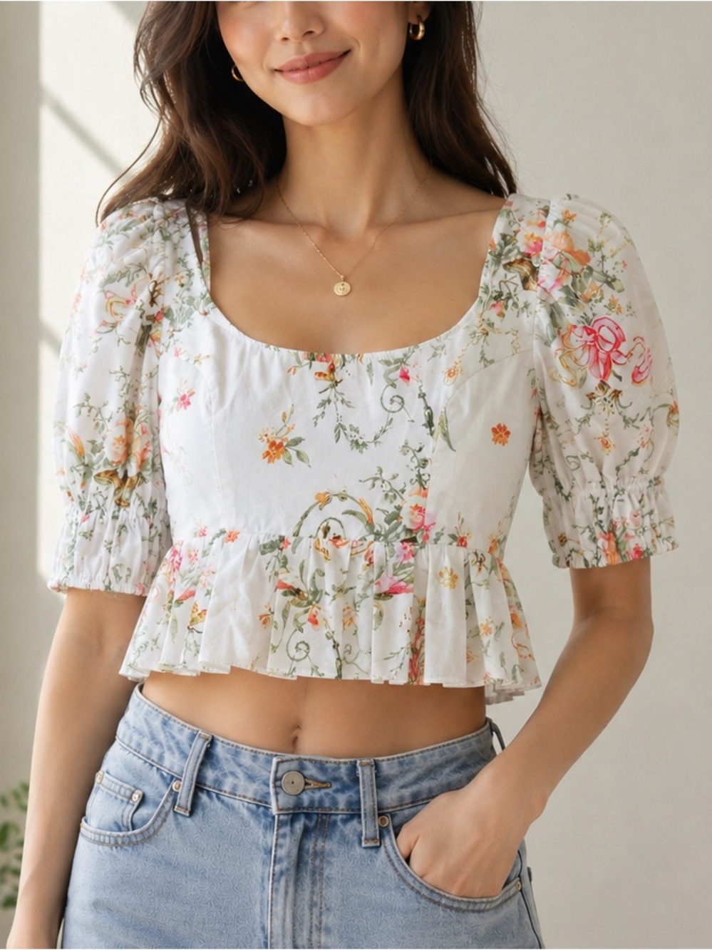 Maison Amory NWT Letterbox Floral Peplum Cropped Top Smocked Puff Sleeve Size S